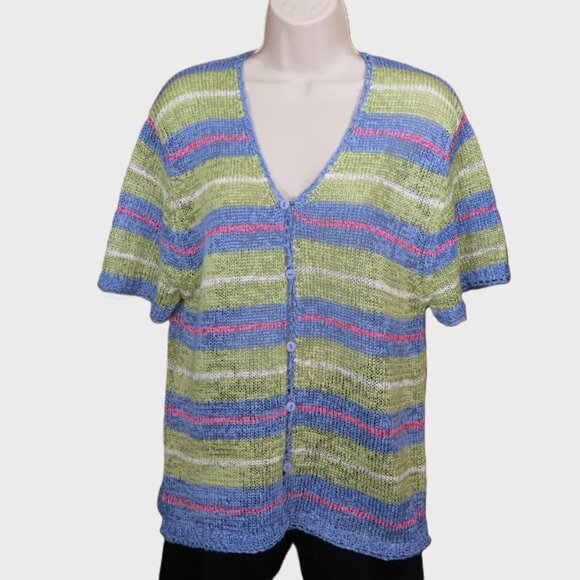 That's Me Sweater Short Sleeve Loose Weave Button Striped Multicolor Size Large - Picture 1 of 9